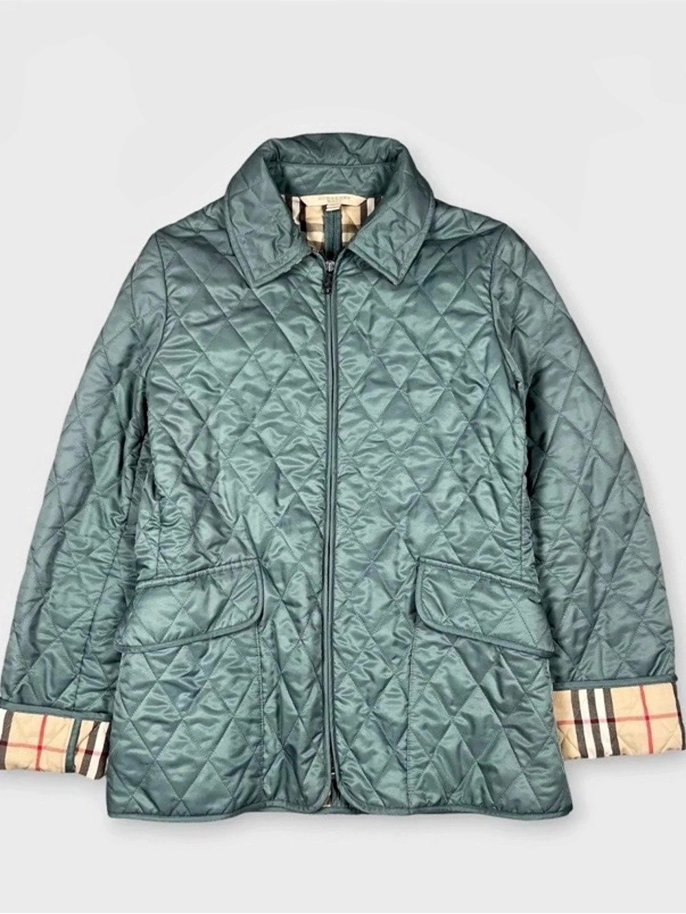 NWOT Burberry Diamond Quilted Check Cuff London Jacket Green Sz M